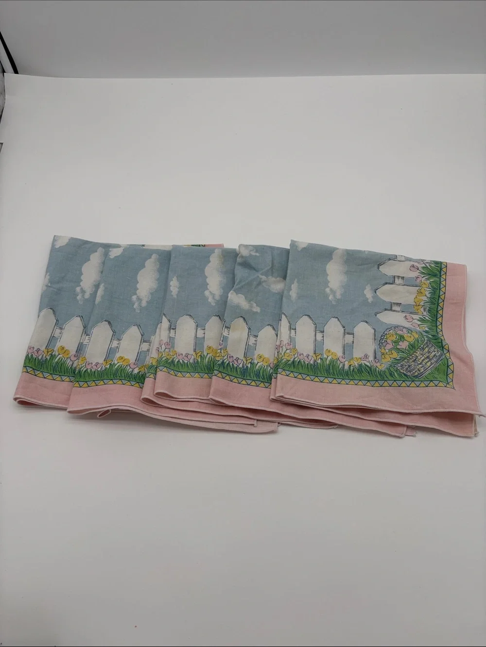 Lot of 5 Large Square Pink Blue Floral Garden Easter Cloth Napkins BLEMISH